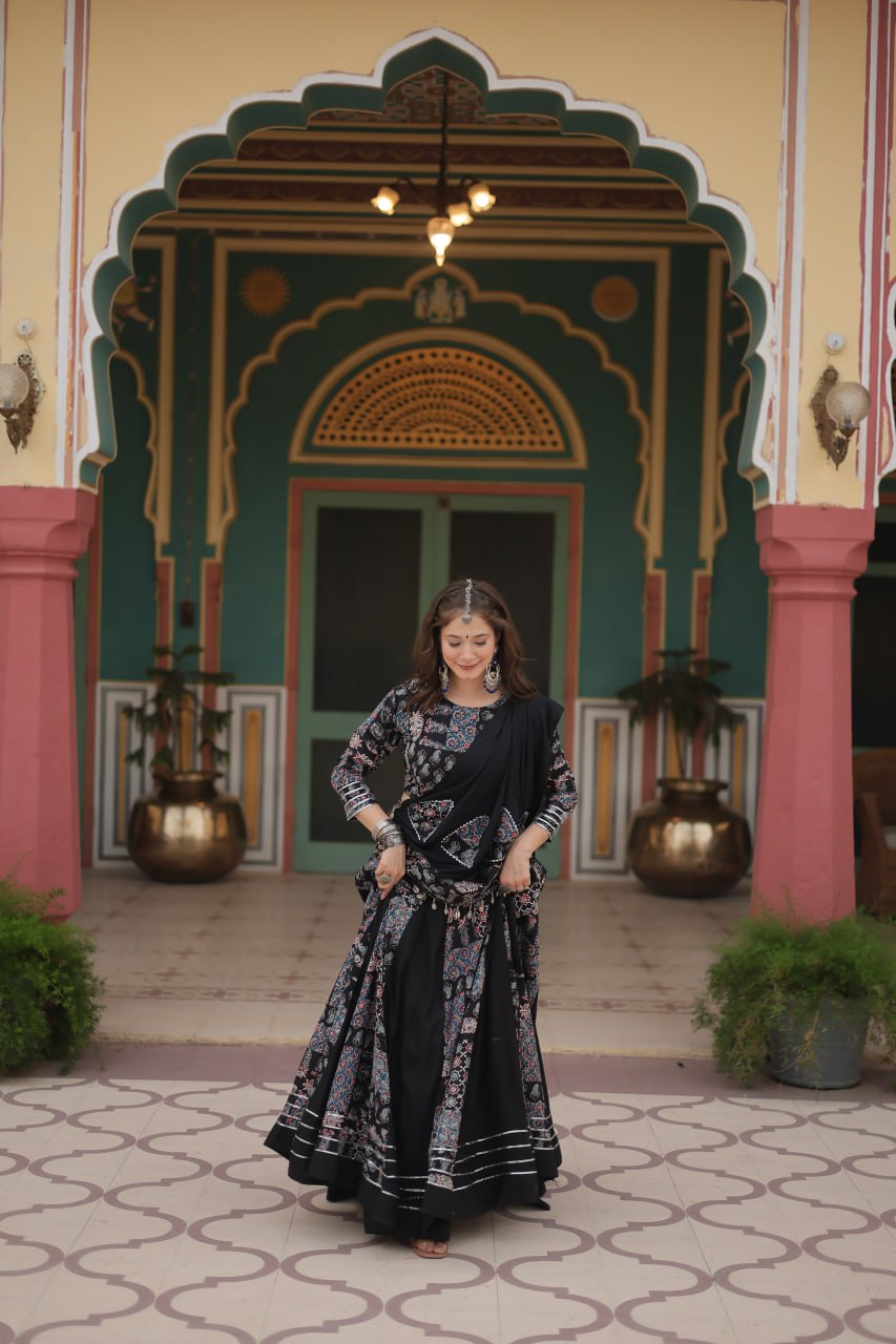Black Festive Printed Rayon Lehenga Choli Set with Gota Patti & Kodi Lace