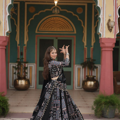 Black Festive Printed Rayon Lehenga Choli Set with Gota Patti & Kodi Lace
