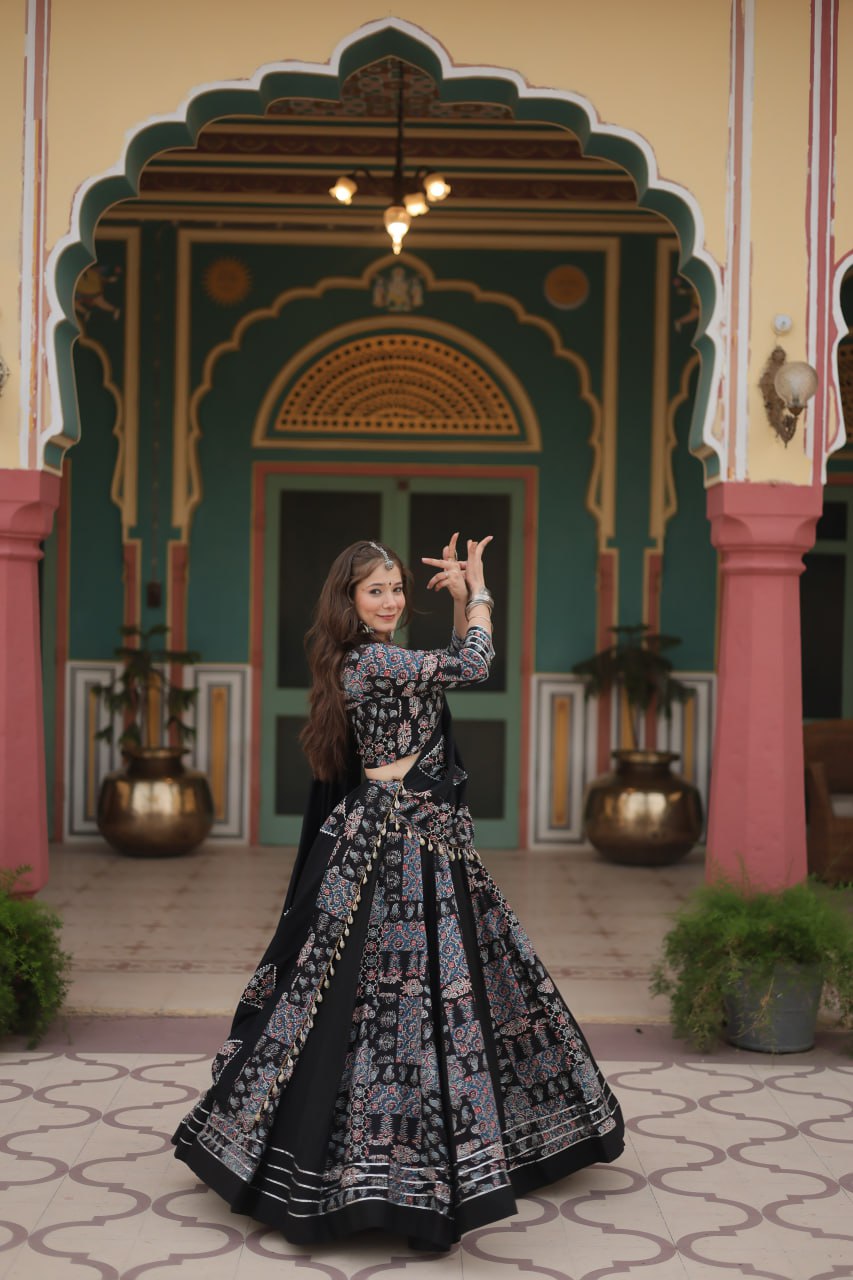 Black Festive Printed Rayon Lehenga Choli Set with Gota Patti & Kodi Lace