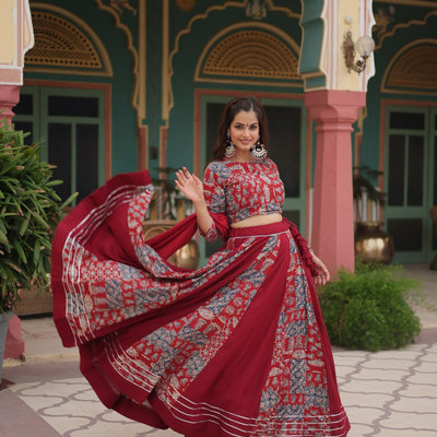 Red Festive Printed Rayon Lehenga Choli Set with Gota Patti & Kodi Lace