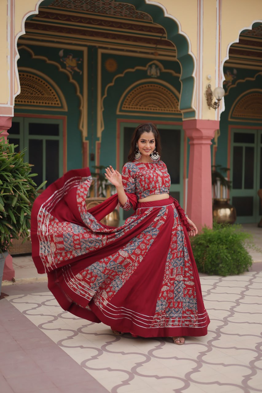 Red Festive Printed Rayon Lehenga Choli Set with Gota Patti & Kodi Lace