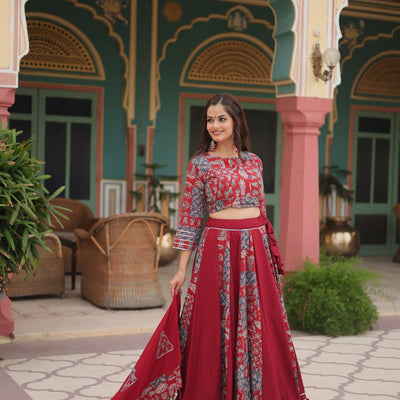 Red Festive Printed Rayon Lehenga Choli Set with Gota Patti & Kodi Lace