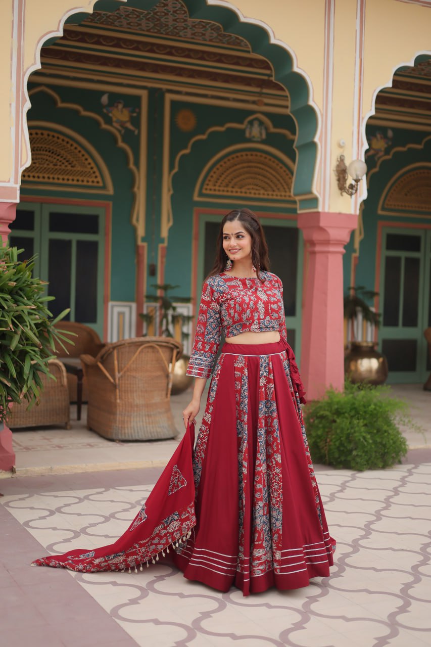 Red Festive Printed Rayon Lehenga Choli Set with Gota Patti & Kodi Lace