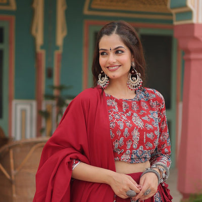 Red Festive Printed Rayon Lehenga Choli Set with Gota Patti & Kodi Lace