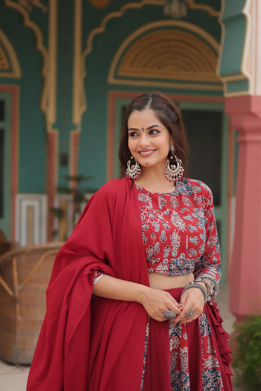Red Festive Printed Rayon Lehenga Choli Set with Gota Patti & Kodi Lace