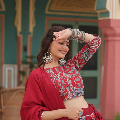 Red Festive Printed Rayon Lehenga Choli Set with Gota Patti & Kodi Lace