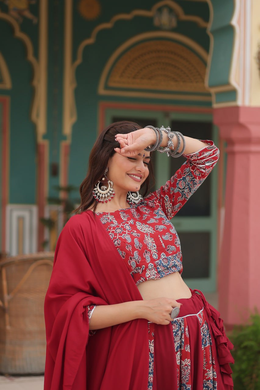 Red Festive Printed Rayon Lehenga Choli Set with Gota Patti & Kodi Lace