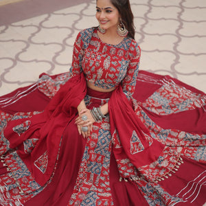 Red Festive Printed Rayon Lehenga Choli Set with Gota Patti & Kodi Lace
