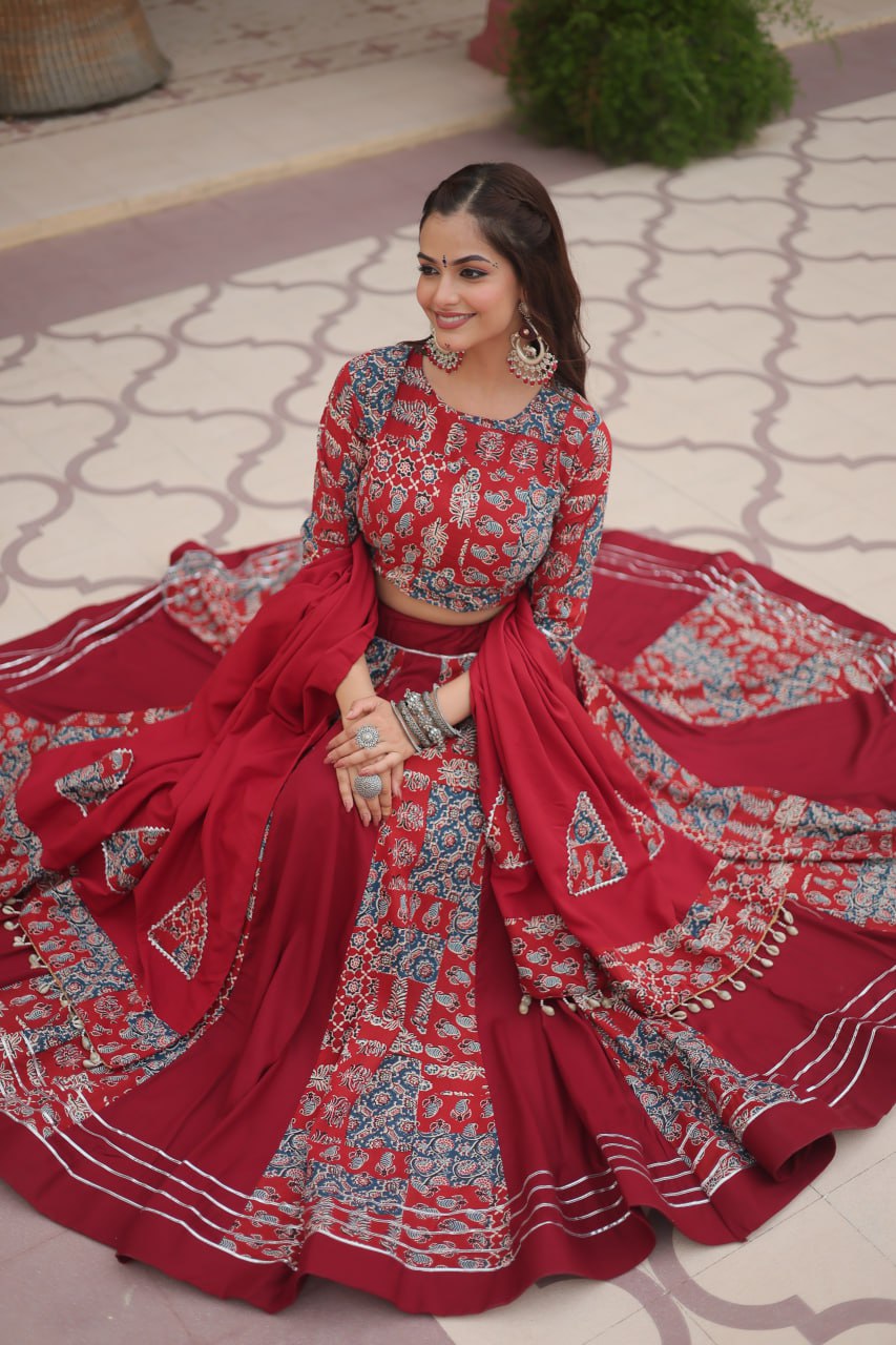 Red Festive Printed Rayon Lehenga Choli Set with Gota Patti & Kodi Lace