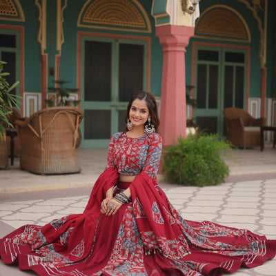 Red Festive Printed Rayon Lehenga Choli Set with Gota Patti & Kodi Lace