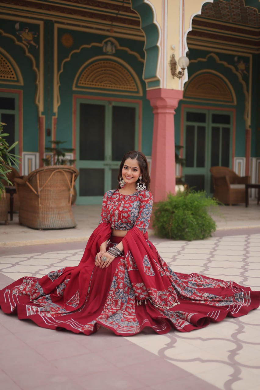 Red Festive Printed Rayon Lehenga Choli Set with Gota Patti & Kodi Lace