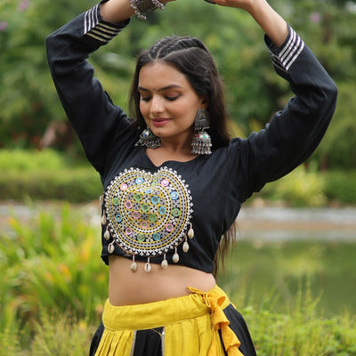 Black & Yellow Designer Readymade Rayon Lehenga Choli Set