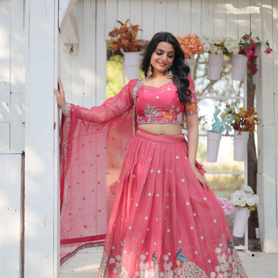 Pink Elegant Gold Coin Lehenga Choli with Sequins & Thread Embroidery