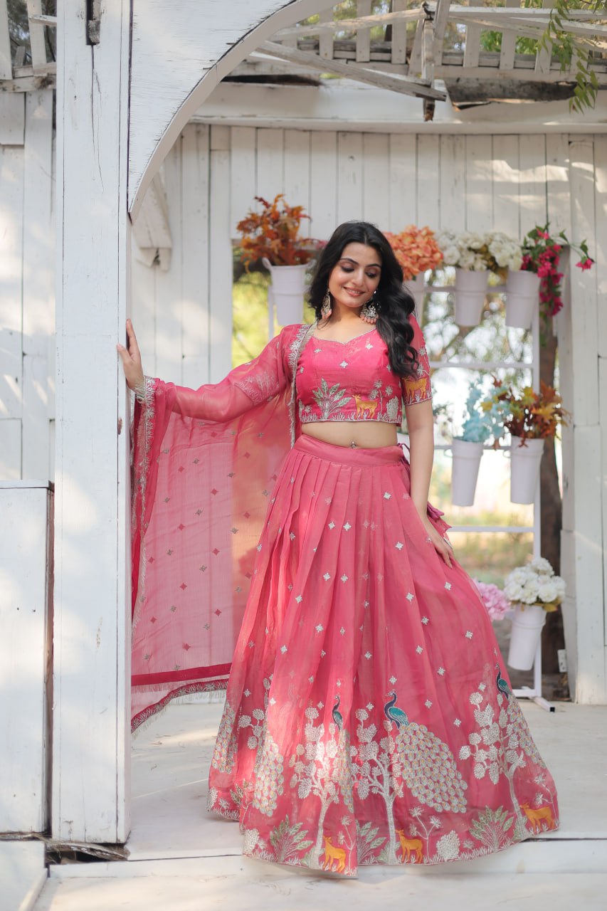 Pink Elegant Gold Coin Lehenga Choli with Sequins & Thread Embroidery