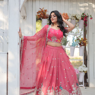 Pink Elegant Gold Coin Lehenga Choli with Sequins & Thread Embroidery