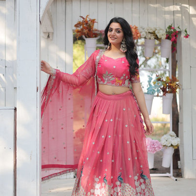 Pink Elegant Gold Coin Lehenga Choli with Sequins & Thread Embroidery