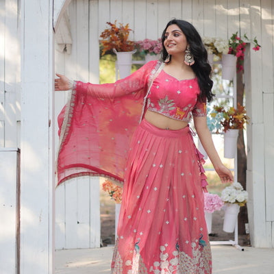 Pink Elegant Gold Coin Lehenga Choli with Sequins & Thread Embroidery