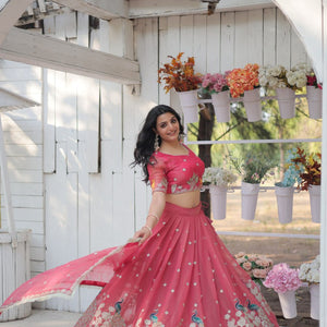 Pink Elegant Gold Coin Lehenga Choli with Sequins & Thread Embroidery