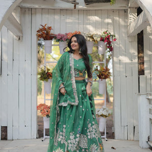 Green Elegant Gold Coin Lehenga Choli with Sequins & Thread Embroidery
