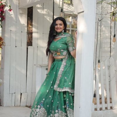 Green Elegant Gold Coin Lehenga Choli with Sequins & Thread Embroidery