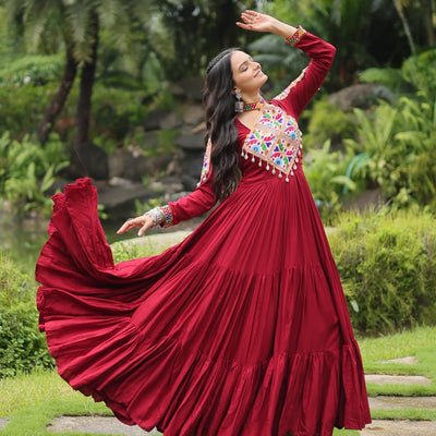 Maroon Partywear Gown with Kutchi Gamthi Work and 3-Layer Frill Stitch