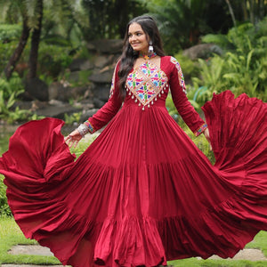 Maroon Partywear Gown with Kutchi Gamthi Work and 3-Layer Frill Stitch