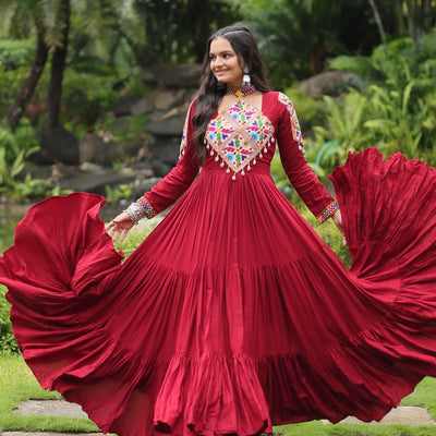Maroon Partywear Gown with Kutchi Gamthi Work and 3-Layer Frill Stitch