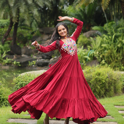 Maroon Partywear Gown with Kutchi Gamthi Work and 3-Layer Frill Stitch