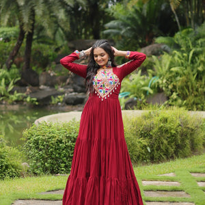 Maroon Partywear Gown with Kutchi Gamthi Work and 3-Layer Frill Stitch