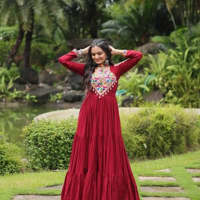 Maroon Partywear Gown with Kutchi Gamthi Work and 3-Layer Frill Stitch
