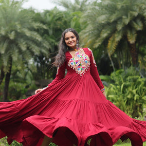 Maroon Partywear Gown with Kutchi Gamthi Work and 3-Layer Frill Stitch