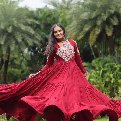 Maroon Partywear Gown with Kutchi Gamthi Work and 3-Layer Frill Stitch