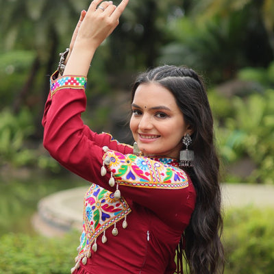Maroon Partywear Gown with Kutchi Gamthi Work and 3-Layer Frill Stitch