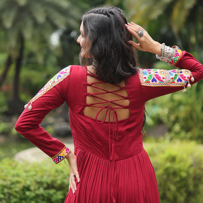 Red Elegant Printed Rayon Lehenga Set with Gota Patti Lace and Kali Pattern