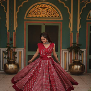 Red Elegant Printed Rayon Lehenga Set with Gota Patti Lace and Kali Pattern