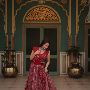 Red Elegant Printed Rayon Lehenga Set with Gota Patti Lace and Kali Pattern
