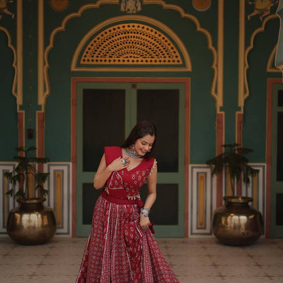 Red Elegant Printed Rayon Lehenga Set with Gota Patti Lace and Kali Pattern