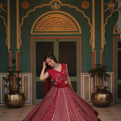 Red Elegant Printed Rayon Lehenga Set with Gota Patti Lace and Kali Pattern