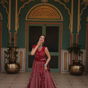 Red Elegant Printed Rayon Lehenga Set with Gota Patti Lace and Kali Pattern
