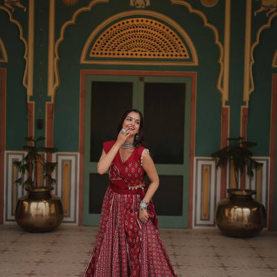 Red Elegant Printed Rayon Lehenga Set with Gota Patti Lace and Kali Pattern