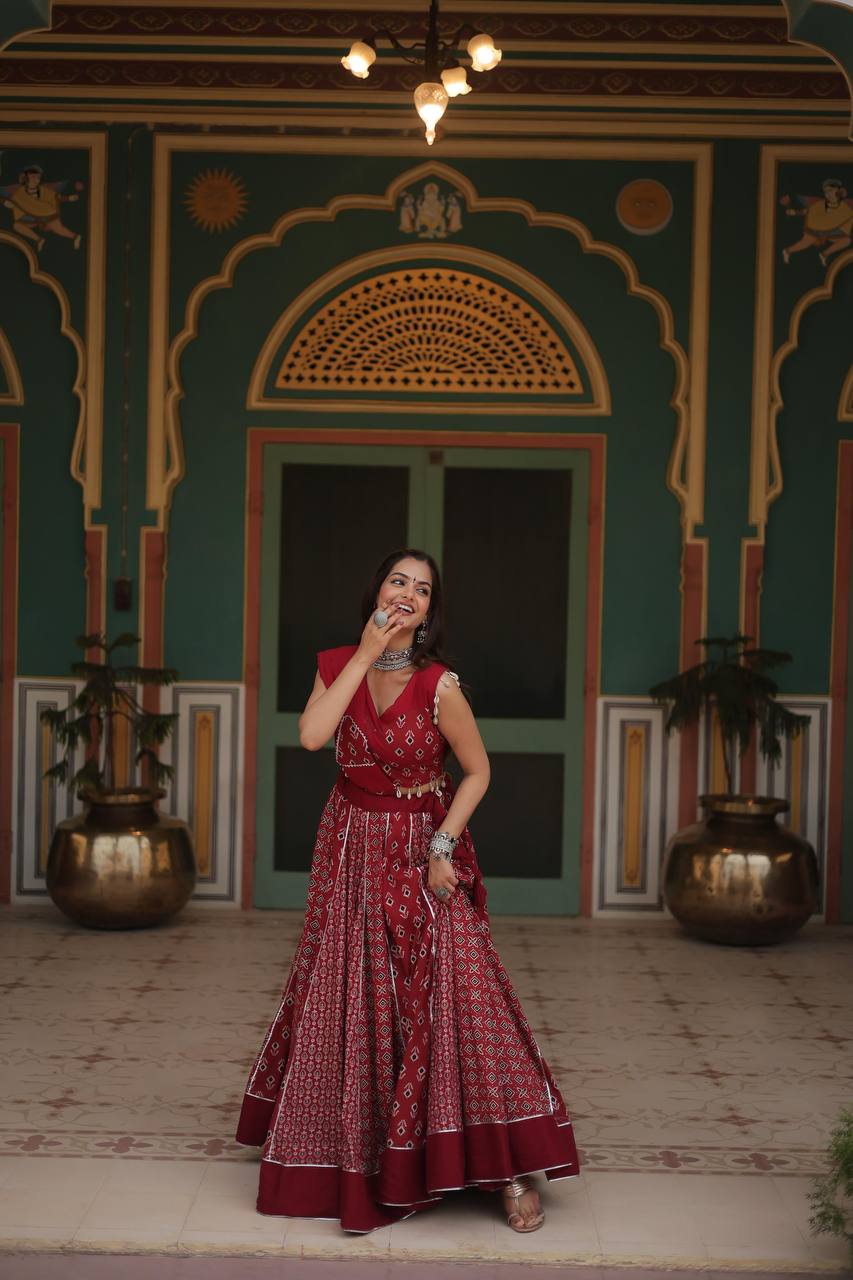 Red Elegant Printed Rayon Lehenga Set with Gota Patti Lace and Kali Pattern