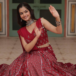 Red Elegant Printed Rayon Lehenga Set with Gota Patti Lace and Kali Pattern