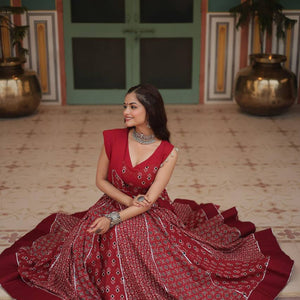 Red Elegant Printed Rayon Lehenga Set with Gota Patti Lace and Kali Pattern