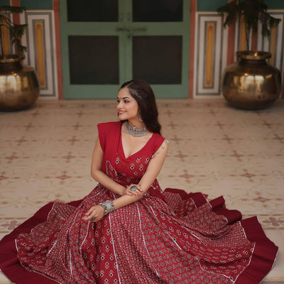 Red Elegant Printed Rayon Lehenga Set with Gota Patti Lace and Kali Pattern