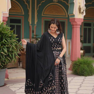 Black Elegant Printed Rayon Lehenga Set with Gota Patti Lace and Kali Pattern
