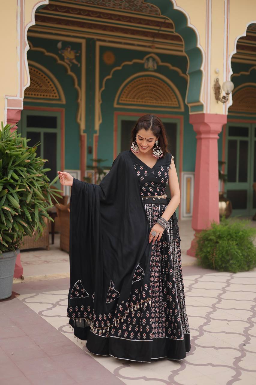 Black Elegant Printed Rayon Lehenga Set with Gota Patti Lace and Kali Pattern