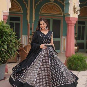 Black Elegant Printed Rayon Lehenga Set with Gota Patti Lace and Kali Pattern