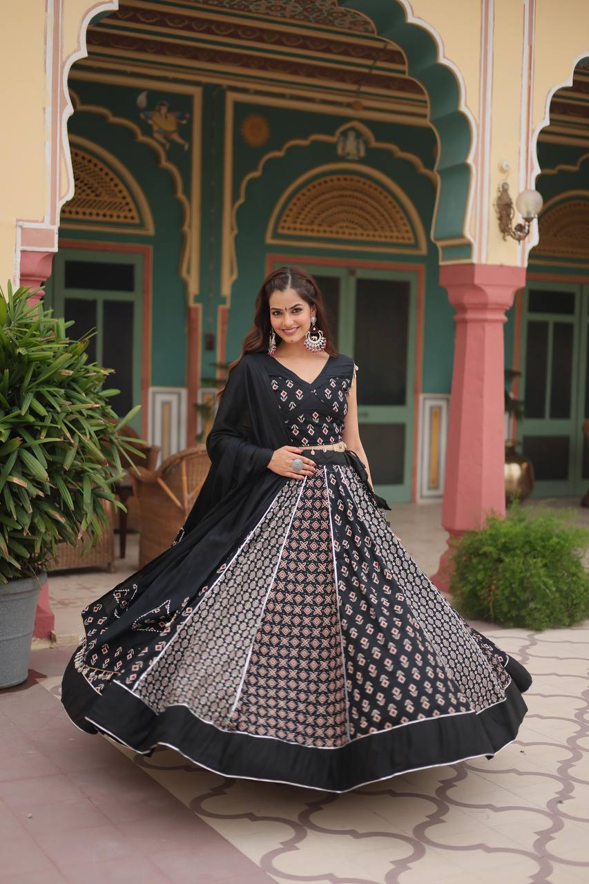 Black Elegant Printed Rayon Lehenga Set with Gota Patti Lace and Kali Pattern