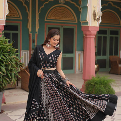 Black Elegant Printed Rayon Lehenga Set with Gota Patti Lace and Kali Pattern