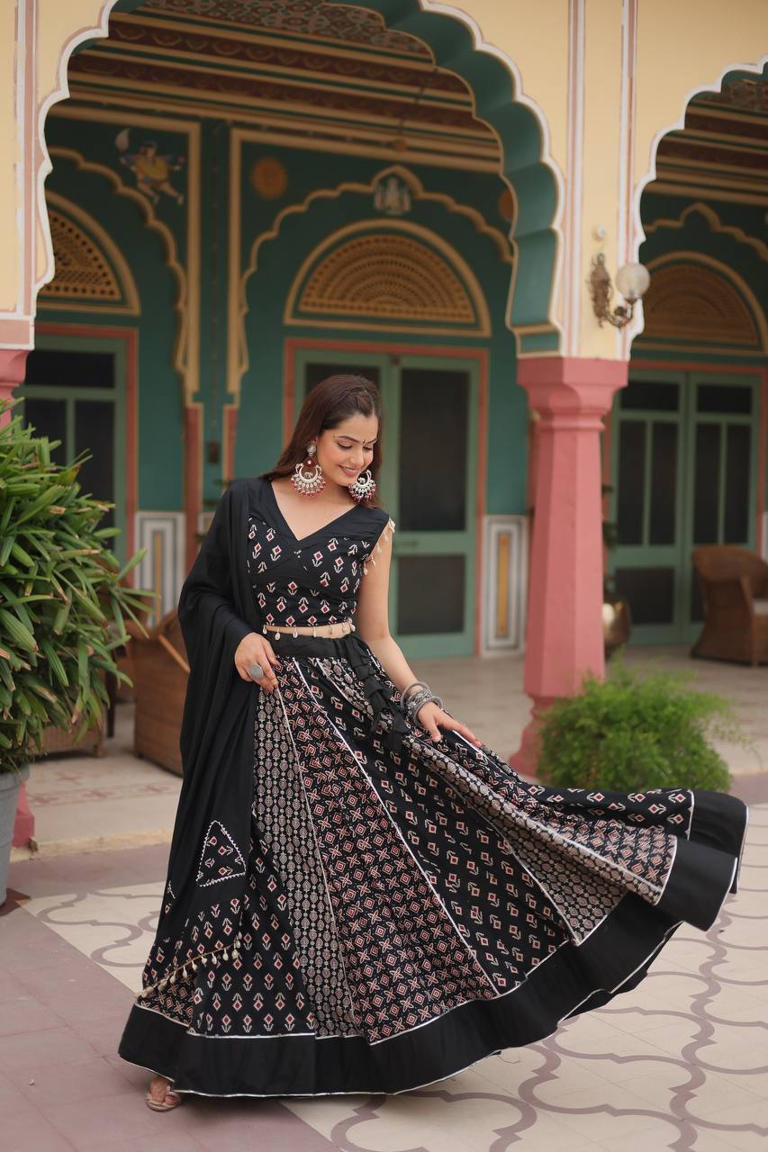Black Elegant Printed Rayon Lehenga Set with Gota Patti Lace and Kali Pattern
